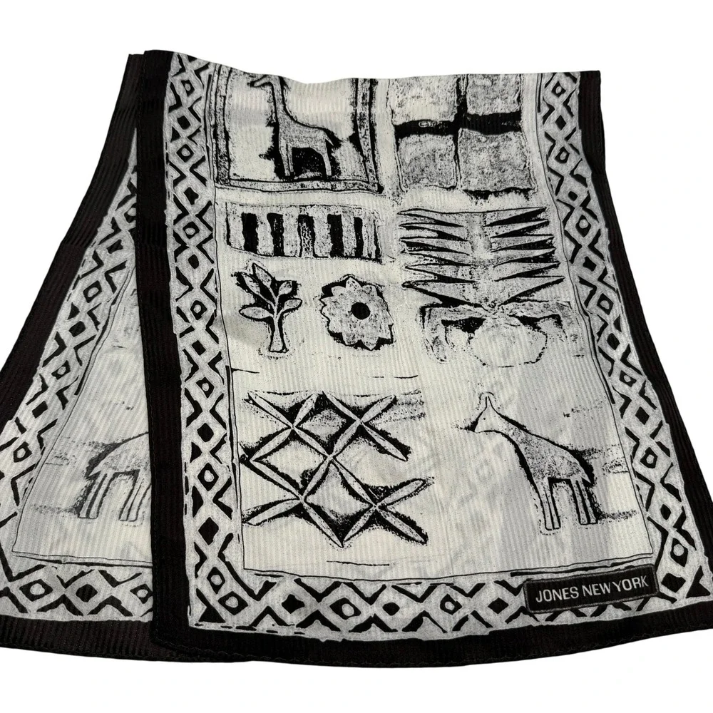 Jones New York Silk Scarf Brown Cream Giraffe Woodblock Print Ribbed 10x52